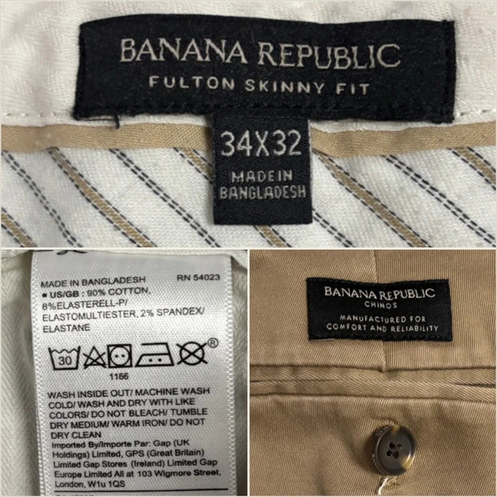 Banana Republic Mens 34x32 Fulton Skinny Fit Chino Brown Khaki Stretch Pants